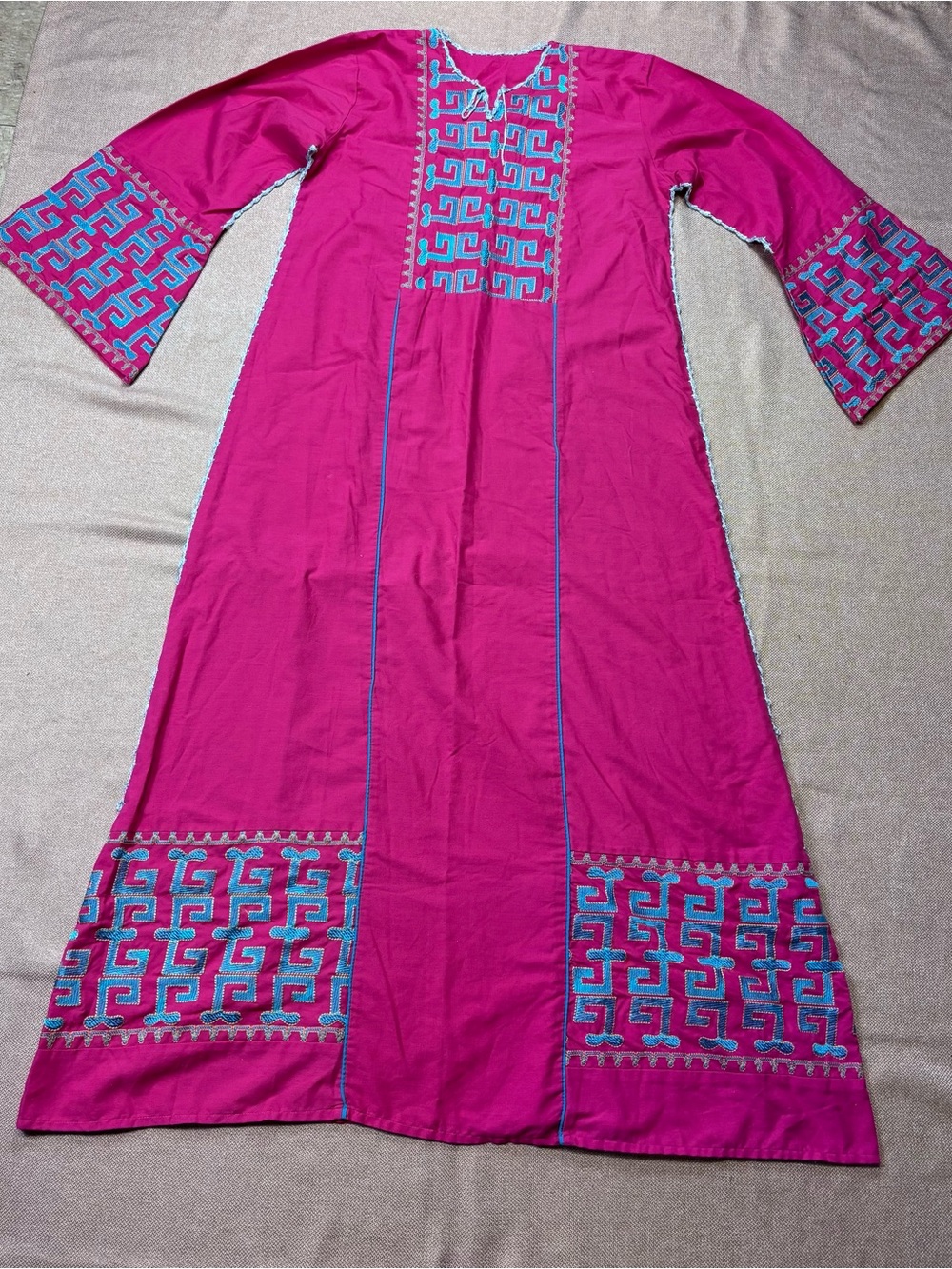 Women's Long Sleeve Maxi Dress Kaftan Embroidered Boho Ethnic Pink Blue Medium